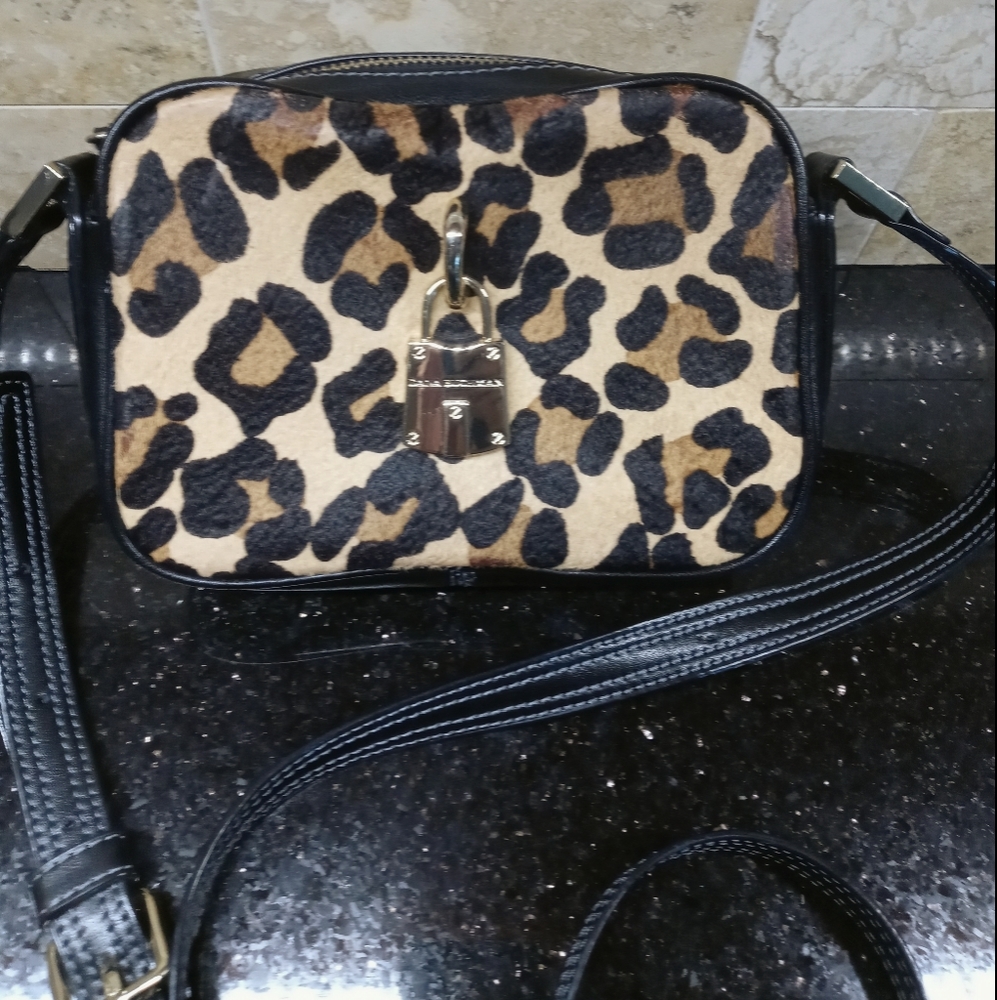 Calf hair & black leather leopard cheetah bag